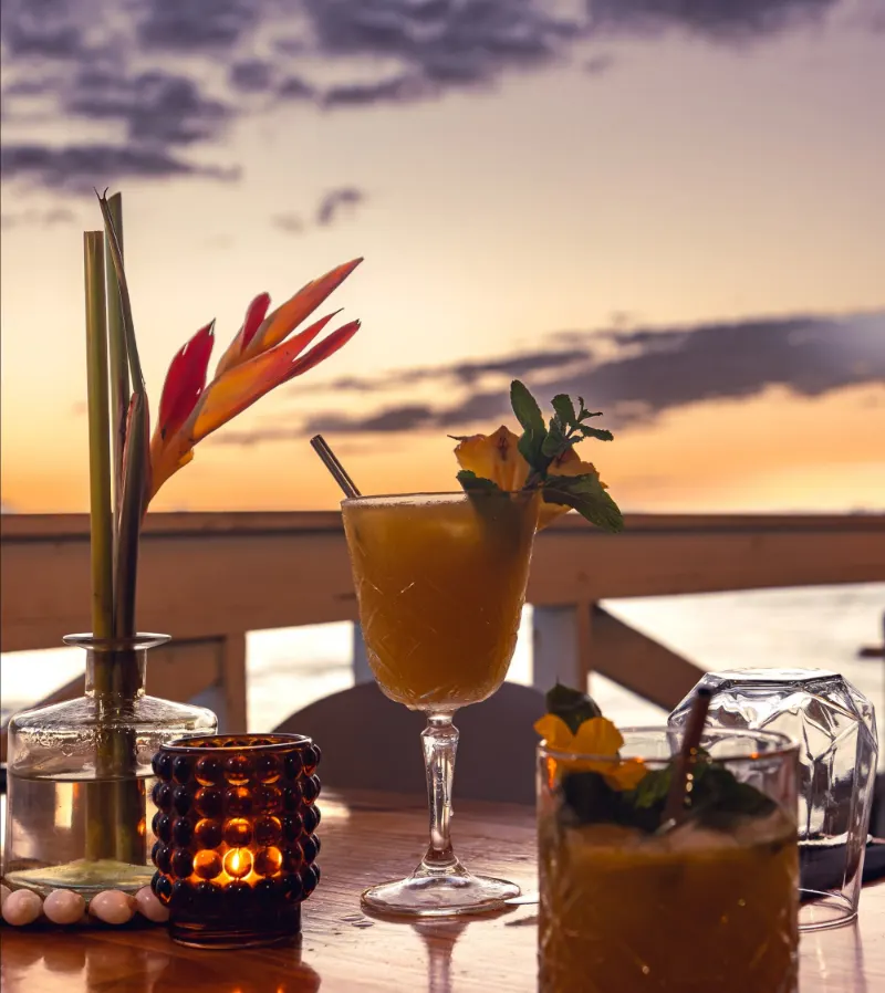 Un cocktail et une fleur de balisier sur la terrasse