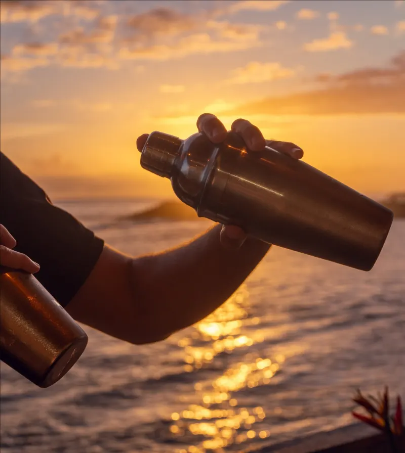 Un shaker en contre-jour devant le soleil couchant